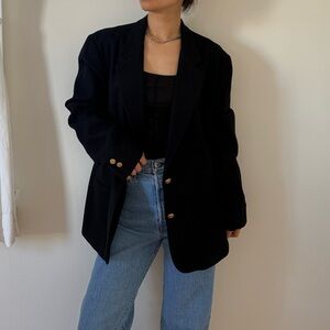 Vintage Stephen Douglas Ltd 100% Wool Minimalist Black Blazer Jacket Size 16